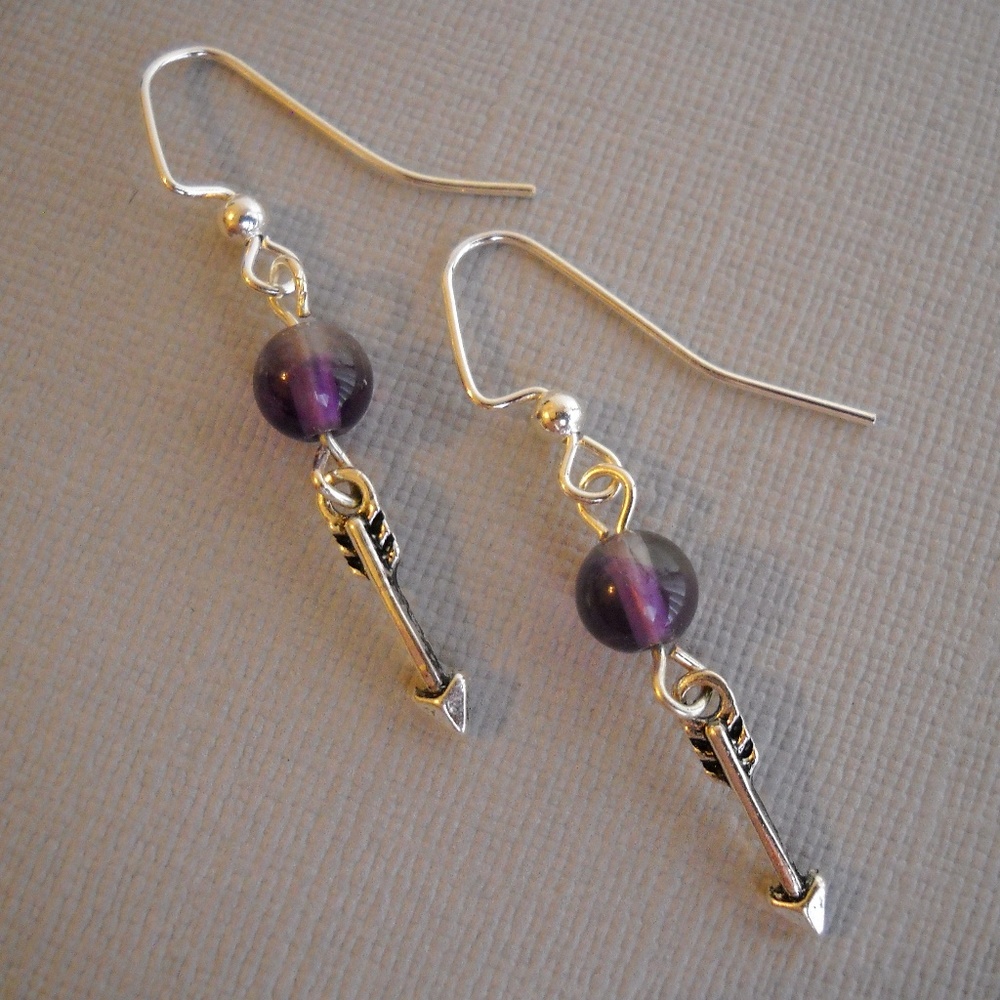 Arrow Amethyst Beads Earrings Handmade Purple Semi Precious Stone Dangle Pierced